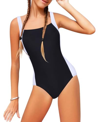 InfiniZer Girls One Piece Swimsuit Swimming Costume Body Bathing Suit Swim Suit with Adjustable Straps for Kids Teenager Age 5-16 (UK, Age, 11 Years, 12 Years, Regular, Black-White)