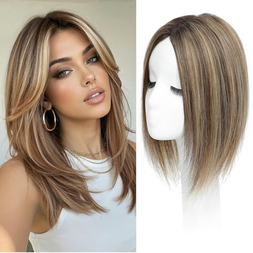 UIPEUBO Hair Toppers for Women Real Human Hair Toppers with Thinning Hairpieces for Women 12 Inch Human Hair Topper for Cover Gray Roots（Medium Brown Mix Blonde with Dark Brown Root）
