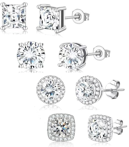 4Pairs Men's Earrings Studs Sterling Silver, Cubic Zirconia Diamond Earring