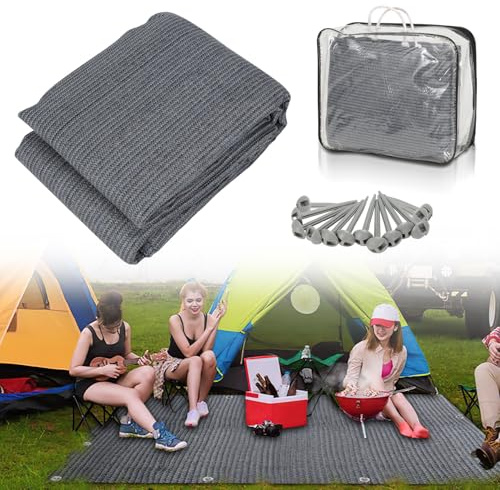 Vkechh 200 x 200 cm, tappeto per tende da sole, campeggio, per esterni, da campeggio con 12 fori, 13 picchetti e borsa per il trasporto, traspirante, antiscivolo, per roulotte, grigio e blu
