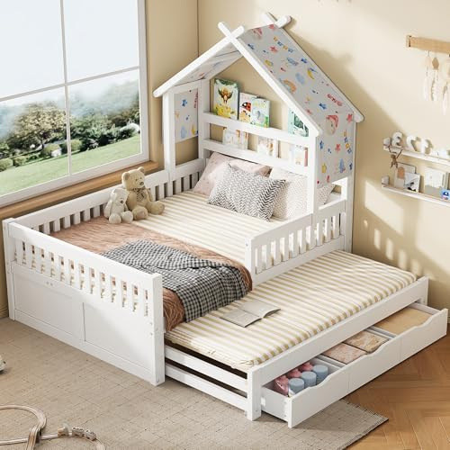 YuQozii Cama plataforma de madera con forma de casa, 140 x 200 cm, con cama nido, 3 cajones y barandillas de seguridad (blanco)