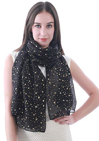 Lina & Lily gnistrande folie stjärntryck damhalsduk sjal wrap, skimmer silver guld glitter lätt present fest, Svart-guld stjärnor, en storlek