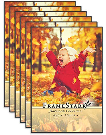 FrameStarr 4x6 Picture Frame Set (Black, 6 Pack), Front-Loading Contemporary Modern Style, Tabletop or Wall Mount, Harmony Collection