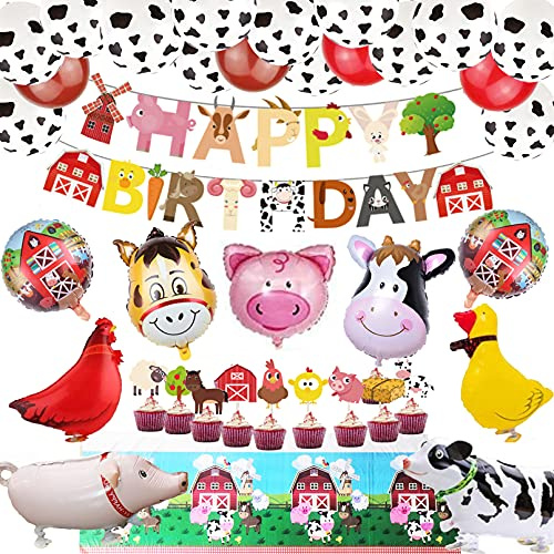 Finypa Bauernhof Tier Partydekorationen Scheunenhof Folienballons und Cupcake Topper Tischtuch (Entenhuhn Kuh Schaf Schwein Esel) Geburtstag Spielzeuge Party Luftballons Dekoration Mädchen Junge