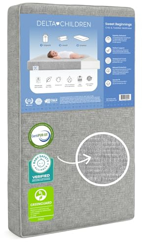 Delta Children Sweet Beginnings Dual Sided Baby Crib Mattress and Toddler Mattress, GREENGUARD Gold and CertiPUR-US Certified, Firm Plant-Based Foam, Waterproof, 5 Year Warranty, Made in USA