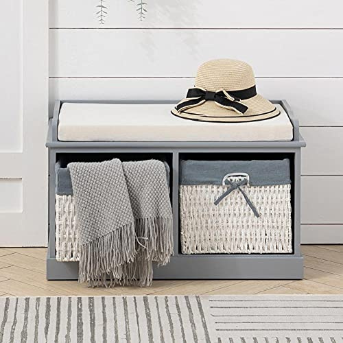 Warmiehomy Storage Bench with 2 Wicker Baskets and Padded Seat Cushion, Multifunctional Storage Cabinet Shoe Rack for Hallway Bedroom Living Room, Fully Assembled, Blue Grey