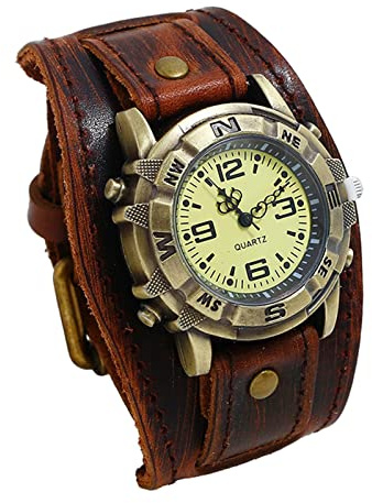 Perfeclan Wide Leather Strap Watch Bracelet for Men, Vintage Dark Brown Wristwatch With Retro Style