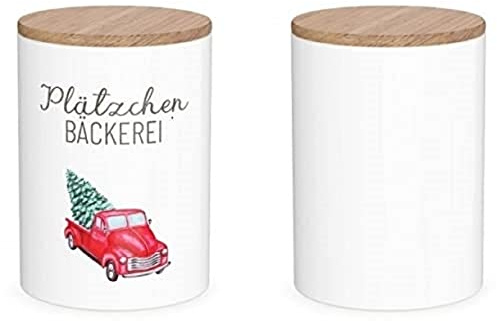 La Vida Vorratsdose Plätzchen Bäckerei Auto Tannenbaum Porzellan mit Bambusdeckel weiß braun rot 11x16cm