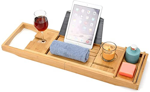 Blanks Direct Bath Caddy with candle, wine glass, book, tablet, ipad & phone holder. Extendable/adjustable bridge, Natural wood over bath tub tray (Brown)
