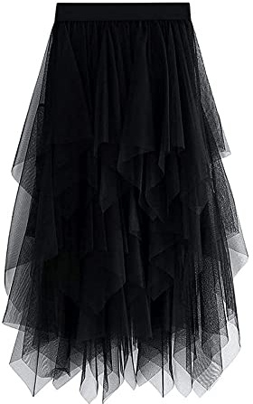 Damen-Tüllrock, elastische hohe Taille, 3D-Stickerei, Lagenrock, floraler Print,. Netzstoff, A-Linie, Midi-Swing-Rock, C-schwarz, Einheitsgröße