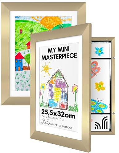 Americanflat Cornice Porta Disegni per Bambini (Oro) - Cornice A4 con Passepartout e 25x32 cm Senza Passepartout - Cornice Apribile per Disegni Bambini con Vetro Infrangibile, Pacco da 2