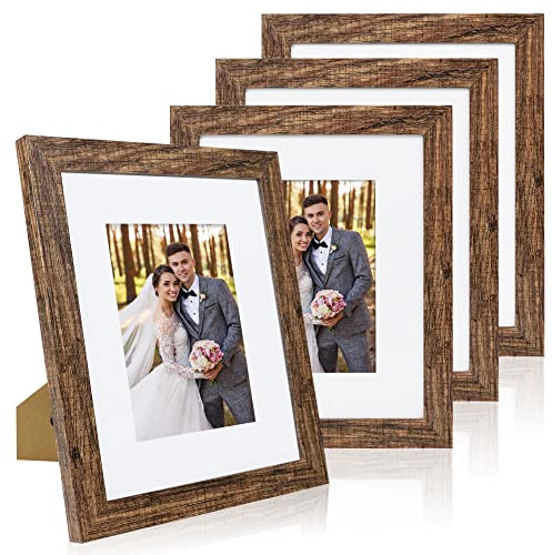 Hongkee 8x10 Picture Frame Set of 4, Made of Real Glass and Rustic Brown Wooden Frame, 8 by 10 Photo for Wall or Tabletop - Display Picture 5x7 with Mat or 8x10 Without Mat