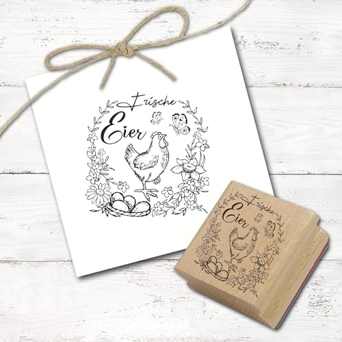 Stempel Frische Eier - Motiv stolzes Huhn mit Blumen und Schmetterlingen - Motivstempel für Eierkarton Eierverpackung Eierschachtel - ca. 68 x 68 mm Natur