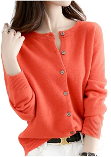 MOGSA Cardigan tröjor kvinnor koftor tröja O-hals vår höst stickad kashmir koftor enkelknäppt damtröjor-orange, XL (62-67) kg