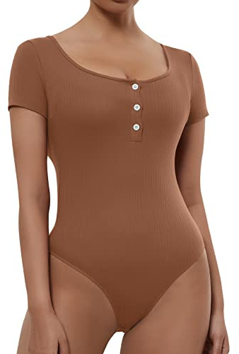 RoomTour Dam bodysuit kortärmad bodysuit med knappar för kvinnor overall rund hals casual topp, kastanj, L