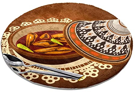 Sambal Tapis rond à poils longs doux et lavable Motif poulet Tajine Served with Olives Pot