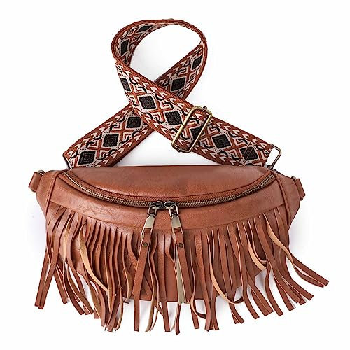 Vmokki Damen Brusttasche mit Abnehmbaren Fransen Klein Hüfttasche Schulterrucksack Daypack Crossbody mit Breitem Gurt Diebstahlsicher (Braun)
