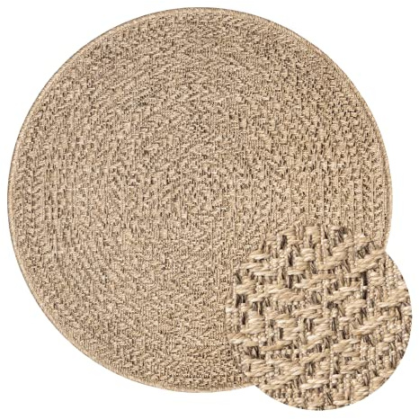 Mia´s Teppiche Soil - Tapis extérieur et intérieur résistant aux intempéries, Aspect Jute Naturel, idéal pour terrasse, Balcon et Jardin, env. 80 cm Rond