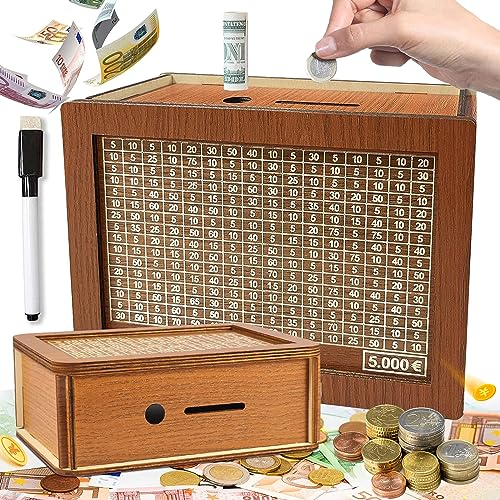 Brateuanoii Hucha Madera, Caja De Dinero con Contador, Huchas Originales, Alcancía De Madera Reutilizable, con Rotulador, Meta De Ahorro Digital, Regalo De Cumpleaños, Decoración