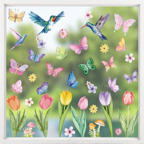 Aquarell Fensterbilder Frühling, 8 Blätter Selbstklebend Fensterbilder Blumen Vogel Schmetterling Doppelseitig Fenstersticker Frühling Wiederverwendbar für Fensterdeko Kinderzimmer Frühlingsdeko