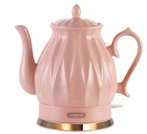 LONGSEED Ceramic Electric Kettle, 1.5L/1200W Boil Water Quickly and Easily with Boil-Dry Protection Auto Shut Off, Detachable Swivel Base, Diamond Cut Glazed