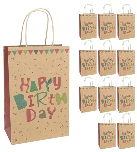Idena 30396-12 - Geschenktüten Happy Birthday, 12 Stück, Geschenktaschen in der Größe 18 x 10 x 27 cm, Papiertüten zum Geburtstag