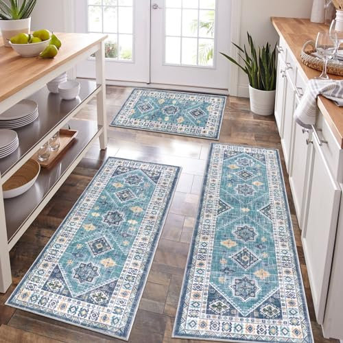 HEBE Boho Kitchen Runner Set of 3 Non Slip Machine Washable Kitchen Rugs and Mats, Teal Green, 20x32+20x48+20x59
