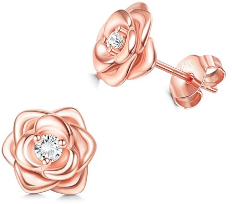 JeweBella Petites Boucles d'Oreilles Fleurs en Argent Sterling 925 pour Femme Fille Hypoallergéniques Boucles d'Oreilles Roses avec 5A+Zircone Cubique Clous d'Oreilles Argent/Or/Or Rose/Noir