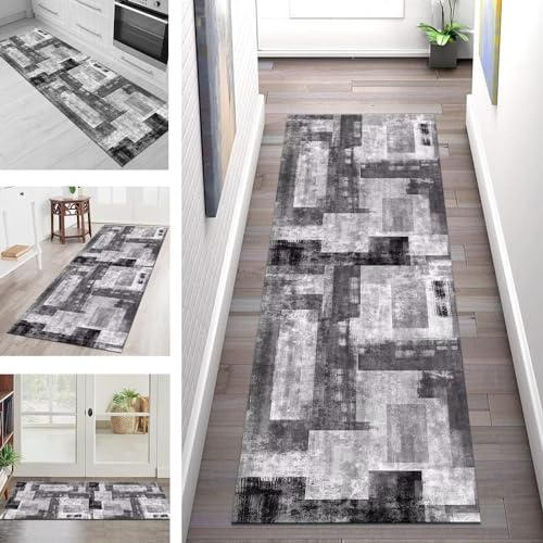 Teppich Läufer Flur Lang Küchenteppich Rutschfest Waschbar Küchenläufer Grau Schwarz Korridor Flurläufer 60X150CM Teppichmatten Dauerhaft Schlafzimmer Wohnzimmer Meterware Teppichläufer Anpassbar