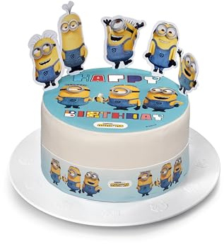 Kardasis Minions Tortenaufleger Essbar 20 cm Kuchen Deko Cake Topper | Essbarer Minions Tortenaufleger 20cm mit 4 Bändern 28x4cm und 5 Papierfiguren für einfache Geburtstagstorten Deko