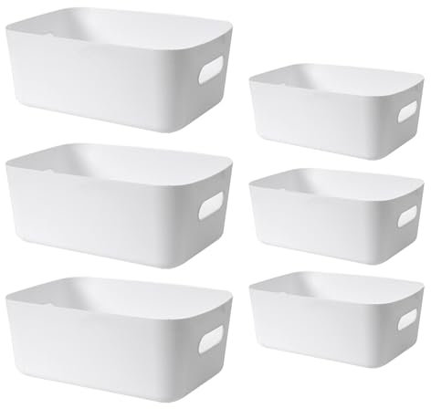 Eabdice 6 Pezzi Contenitori Plastica Bianco, Scatole Organizer con Maniglia, per scaffali, cassetti, biancheria, armadi, scatole di plastica, cestini e contenitori(Bianco)