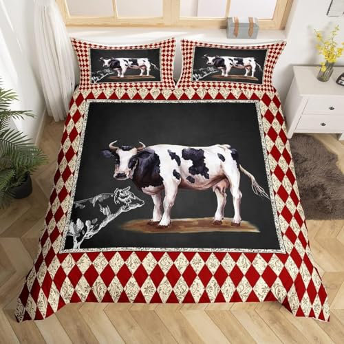Funda Nordica Cama 135 Vaca Lechera Juego de Ropa de Cama Cuadros Rojos Funda de Edredón Microfibra con Cremallera Reversible Suave Funda Nórdica 200x200 cm y Funda de Almohada 50x75 cm