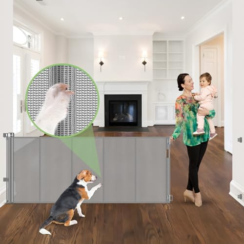 96 Inch Wide Reinforced Retractable Dog Gate, Prevents Crawling Under, Gray