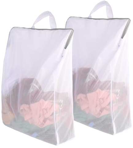 Simarro 2Pcs Mesh Laundry Nets with Zips, White Reusable Travel Laundry Bags with Handle for Delicate Items, Home, Dorm, Hotel, Travel Use (Fine Mesh)