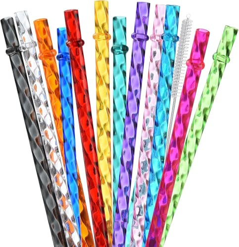 ALINK 12-Pack Reusable Plastic Clear Swirl Straws, 11 Long Colorful Hard Plastic Tumbler Replacement Straws for 16 OZ 20 OZ 30 OZ Stanley, YETI, Starbucks, Owala Tumblers with Brush