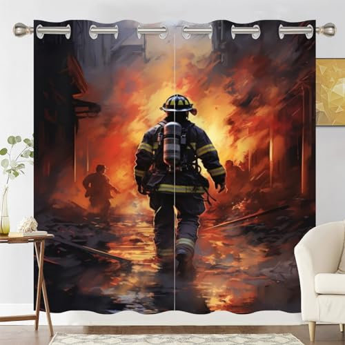 3D Feuerwehrmann Print Fenstervorhang Für Schlafzimmer Wohnzimmer Feuerwehrmann Gedruckt Vorhänge Blickdichte Vorhänge Dekord Feuerwehr Held Blickdicht Vorhang (Vorhang2,180(L) x 220(B) cm)