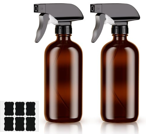 HOTUT 2-pack Amber glasspray, 500 ml glassprayflaska, brun glasflaska, bärnstenssprayflaskor med dimströmsinställningar med svarta pumpar, Sprayflaska glas för Rengöringsprodukter, Aromaterapi & Oljor
