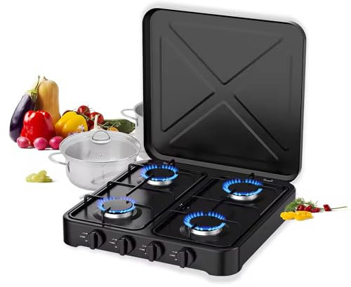 HYQNG Gas Camping Stove, 4 Burner Portable Camping Gas Stove with Safe Lid, 5.4 KW Stainless Steel Table Top Gas Cooker, Adjustable Temperature Control, Automatic Ignition,Only for LPG black F