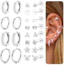 CASSIECA 12 Paar Ohrringe Silber Set, 316L Chirurgenstahl Ohrringe für Damen Herren Medizinische Ohrstecker und Creolen für Mehrfachpiercing 14K Vergoldet Helix Tragus Piercing Ohr Silber