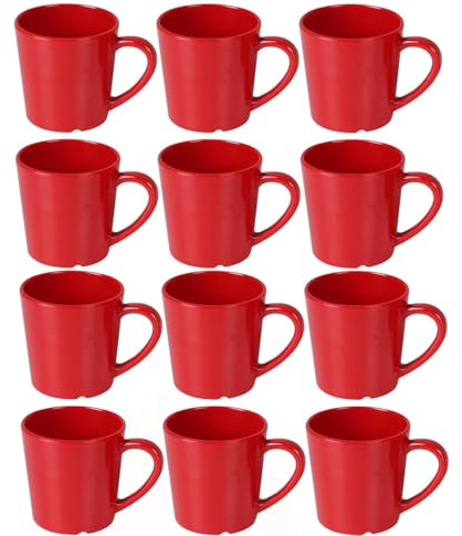 TrueCraftware- 7 oz Mug/Cup Melamine Pure Red Color Set of 12- Dishwasher Safe Break-Resistant Coffee Cup Set Reusable Plastic Cup for Latte Cappuccino Cocoa Hot Tea Mocha Home Cafe Restaurants