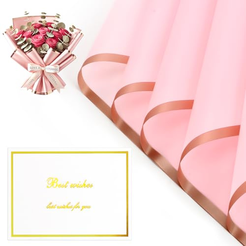 KATIMI 20 ark blombukett, presentpapper, rosa presentpapper blommor, blompapper med 20 vita gratulationskort, vattentätt omslag papper för blommor, bröllop, konst och hantverk (58 x 58 cm)