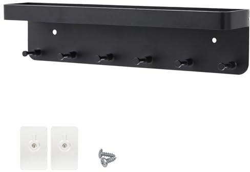 Flearitzo Schlüsselbrett - Schlüsselhalter - Schlüsselboard – Mit Ablage und 6 Haken modernes Schwarzes Schlüsselregal für Wandmontage ohne Bohren ideal für Eingangsbereich Flur Küche