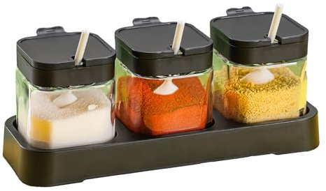 WANYISHUN Condiment Jar Spice Container with Lids and Spoons, Kitchen Spice Pot Set of 3, 11oz Clear Glass Condiment Pot with Tray, Kitchen Salt Pepper Sugar Storage Container Jar (black, 300ml)