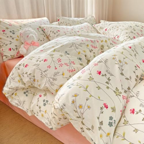 AShanlan Bettwäsche 135x200 Baumwolle Beige Rosa Blumenweise Grün Blätter Bettbezug 2teilig Pink Bunt Blumenmuster ÖKO-TEX Mädchen Deckenbezug und 1 Blümchen Kissenbezug 80x80 cm mit Reißverschluss