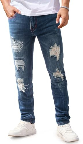 Gulots Men's Ripped Jeans Classic Comfort Regular Fit Basic Denim Pants for Men Casual Slim Fit Skinny Jean with Pockets 30 Ripped Blue