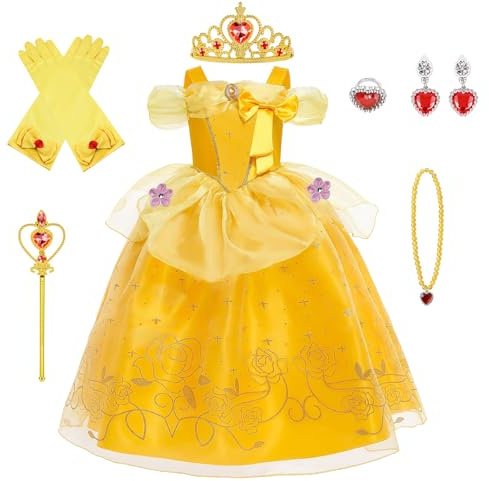 BSBUY Déguisement de Princesse Belle, Fille Robe de Princesse Belle avec Accessoires, Robe de La Belle et La Bête Enfant, Princesse Costume Enfant pour Anniversaire Fête Partie Carnaval Cosplay-130