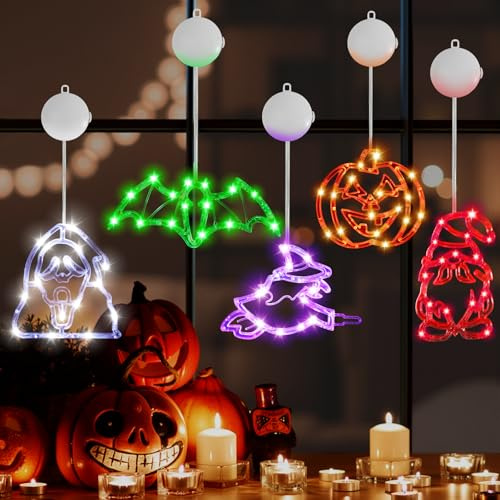 Lewondr Halloween Deko Pendelleuchte, 5PCS Halloween Fenster Dekoleuchte, Batteriebetrieben Hängeleuchte mit 2 Beleuchtungsmodi & Timer Funktion, Geistergesicht, Hexe, Fledermaus, Kobold, Kürbis Deko