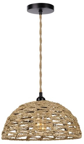 LIGKIN Suspension Industrielle Vintage Lustre Abat-jour en Rotin E27 Lampe Suspendue Rustique Luminaire Plafonnier Intérieur pour Salon Chambre Salle à manger, Ø30cm
