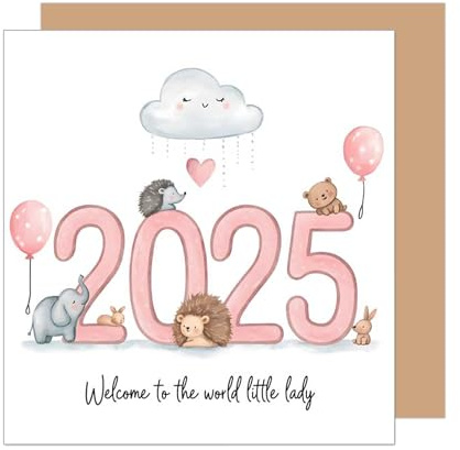 Edition Seidel Tarjeta de felicitación de nacimiento cuadrada con sobre, tarjeta de felicitación para bebé con texto en inglés «Welcome Baby Kid Girl» Animales (EQ136 SW025)