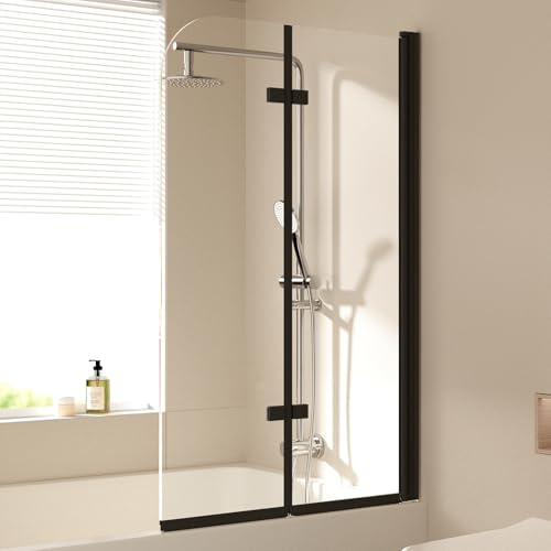 EMKE Badewanne Duschwand 100x140cm, 2-teilig Faltbar, Schwarz | 6 mm Sicherheitsglas, Beidseitig nano-beschichtet, Wasserdicht, Pflegeleicht, Aluminiumrahmen, Platzsparend